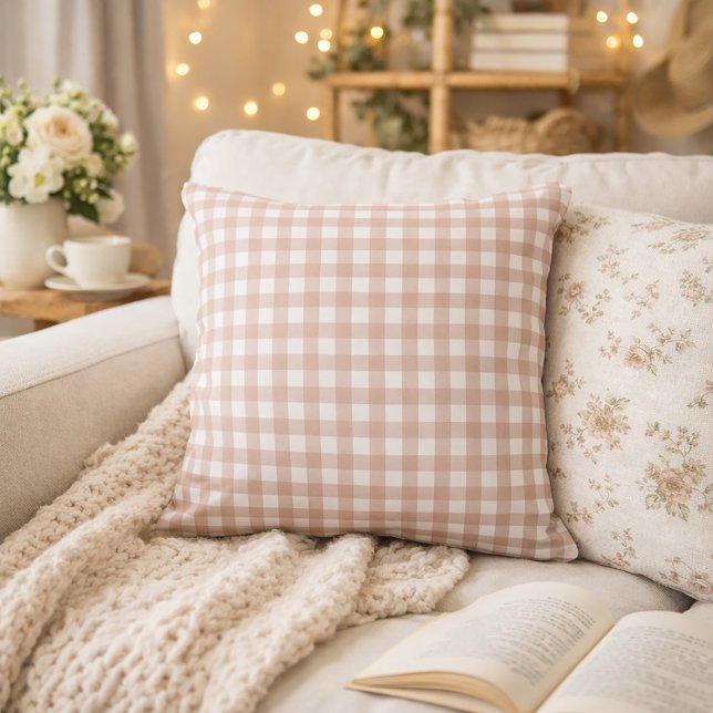 Pink and White Gingham Check Pattern Throw Pillow (A throw pillow with a pink and white gingham pattern.)