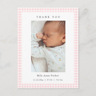 Pink and white Gingham Girl Birth Announcement Postcard