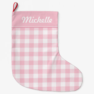 Pink and White Gingham Personalized Large Christmas Stocking
