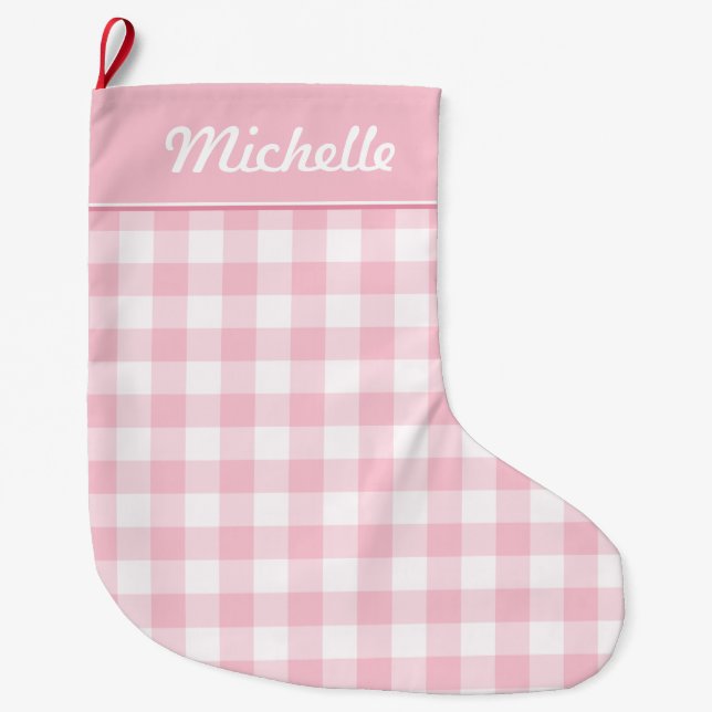 Pink and White Gingham Personalized Large Christmas Stocking (Front)