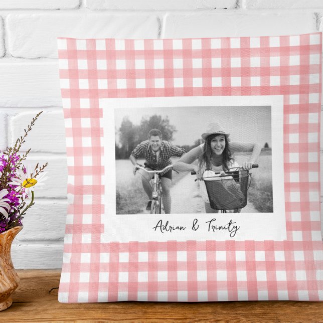 Pink and White Gingham Plaid Custom Photo Throw Pillow (Creator Uploaded)