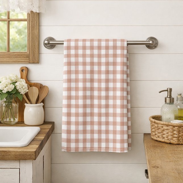 Pink and White Gingham Plaid Farmhouse Pattern Kitchen Towel (A kitchen towel with a pink and white gingham plaid.)