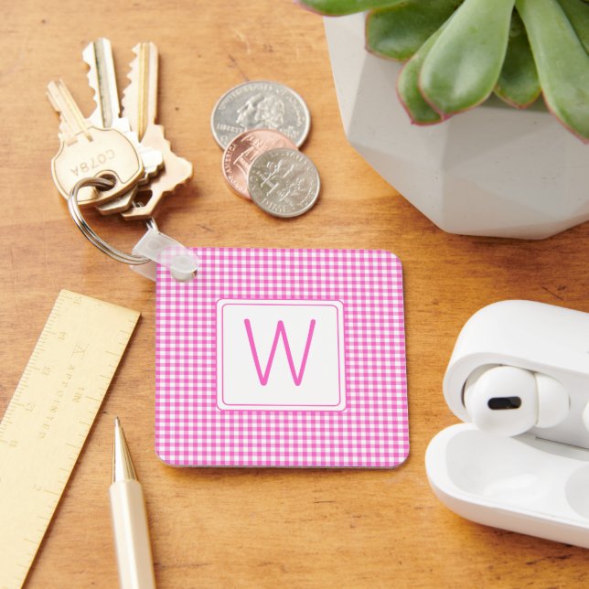 Pink and White Gingham Plaid Monogram Keychain (Desk)