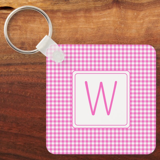 Pink and White Gingham Plaid Monogram Keychain (Front)