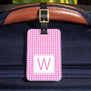 Pink and White Gingham Plaid Monogram Luggage Tag