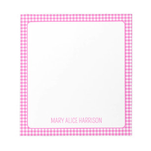 Pink and White Gingham Plaid Personalized Notepad