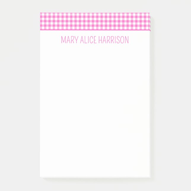 Pink and White Gingham Plaid Personalized Post-it Notes (Front)