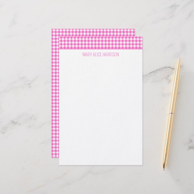 Pink and White Gingham Plaid Personalized Stationery (Front/Back In Situ)