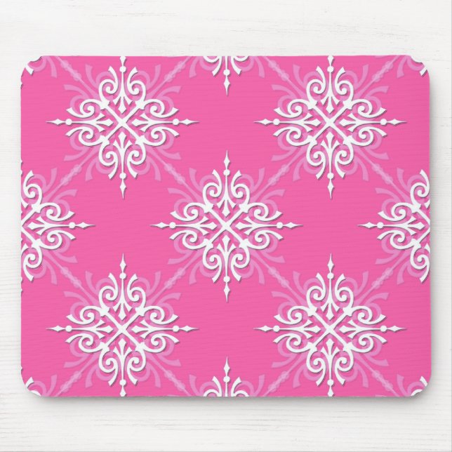 Pink and White Girly Damask Pattern Mouse Pad (Front)