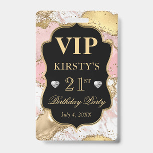 Pink and White Gold Glitter Agate Birthday VIP Badge