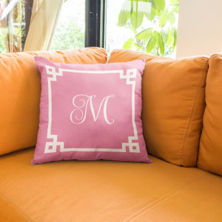 Pink and White Greek Key Border Script Monogram Outdoor Pillow