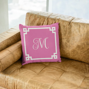 Pink and White Greek Key Border Script Monogram Throw Pillow