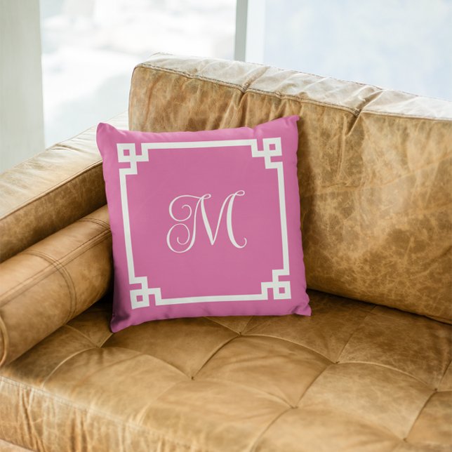 Pink and White Greek Key Border Script Monogram Throw Pillow (Create your own monogrammed Greek Key border square throw pillow.)