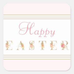 Pink and White Happy Easter Square Sticker