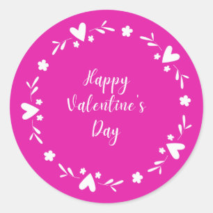 Pink and white Heart Border Happy Valentines Day Classic Round Sticker