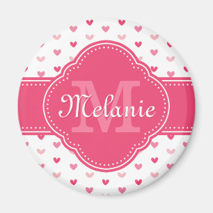 Pink and White Heart Pattern with Monogram Magnet