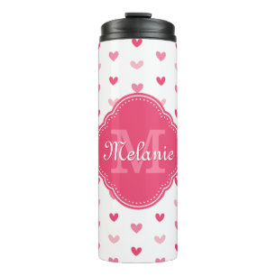 Pink and White Heart Pattern with Monogram Thermal Tumbler