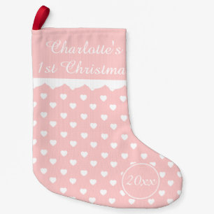 Pink and White Hearts 1st Christmas Personalized Small Christmas Stocking