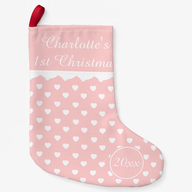 Pink and White Hearts 1st Christmas Personalized Small Christmas Stocking (Front)