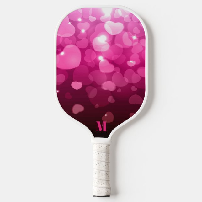 Pink and White Hearts Pattern Modern Monogram Pickleball Paddle (Front)