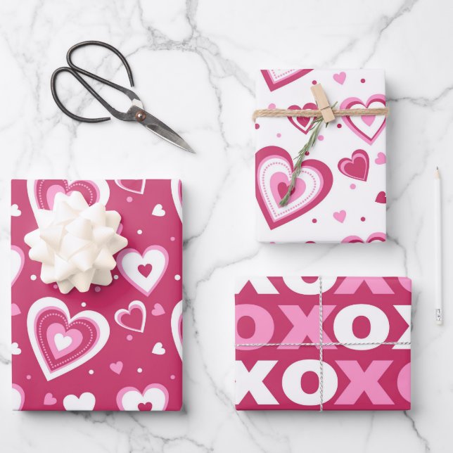 Pink and White Hearts Valentine's Patterns Wrapping Paper Sheet (Front)