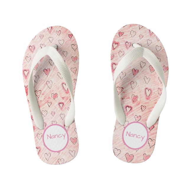 Pink and White Hearts with name Pair of Flip Flops (Footbed)