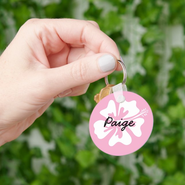 Pink and white Hibiscus logo personalized Keychain (Hand)