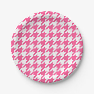 Pink and White Houndstooth Check Paper Plate