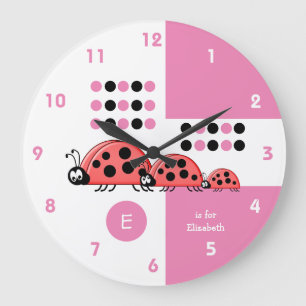 Pink and white kids ladybirds with name large clock