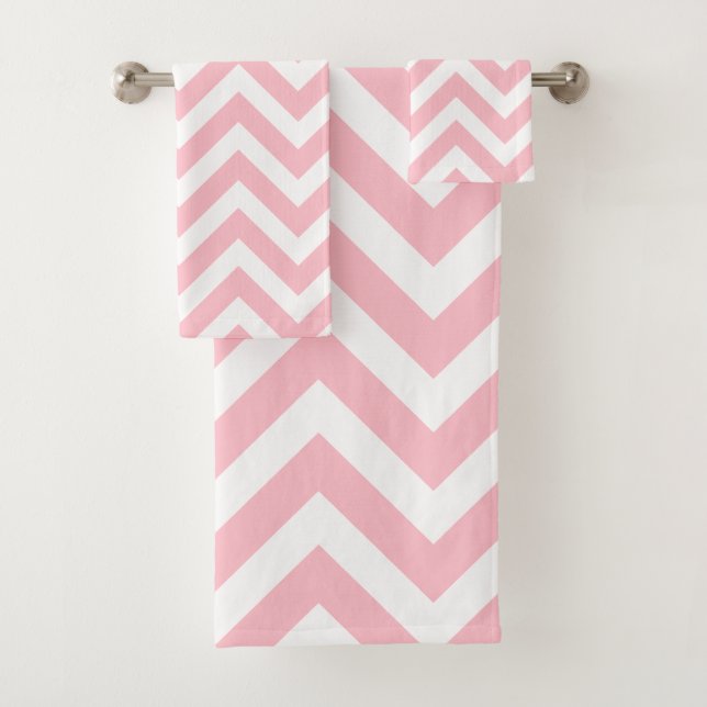 Pink and White Large Horizontal Chevron Stripes Bath Towel Set (Insitu)