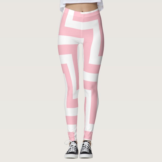Pink and White Large Size Diagonal Chevron Leggings (Front)