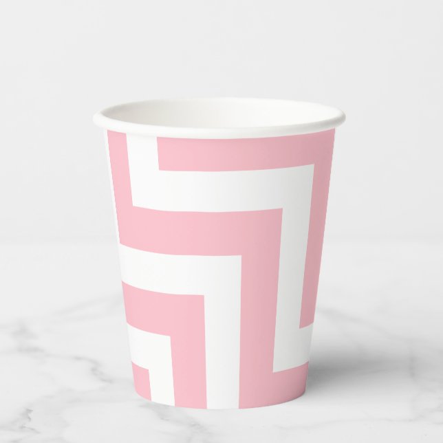 Pink and White Large Size Diagonal Chevron Stripes Paper Cups (Front)
