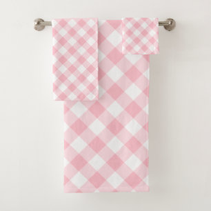 Pink and White Large Size Diagonal Gingham Checks Bath Towel Set