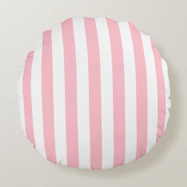 Pink and White Large Size Stripes Round Pillow (Front)