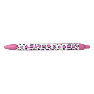 Pink and White Leopard Print Black Ink Pen
