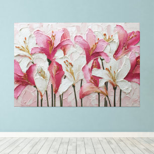Pink and White Lilies on Textured Abstract Art Canvas Print