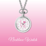 Pink and white Love Necklace Watch<br><div class="desc">Necklace Watch gift.
With the word 'love' and a heart shape replacing the letter O.
Pink and white</div>