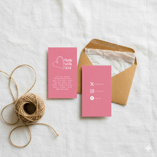 Pink and white made with love heart, social links enclosure card