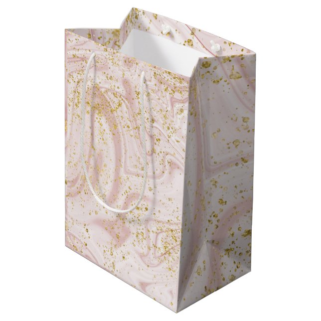 Pink and White Marble Swirl Gold Glitter Medium Gift Bag (Back Angled)