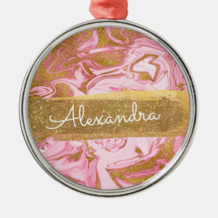 Pink and White Marble with Gold Sparkle & Glitter Metal Ornament