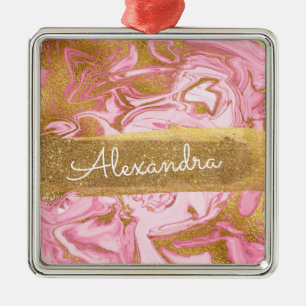 Pink and White Marble with Gold Sparkle & Glitter Metal Ornament