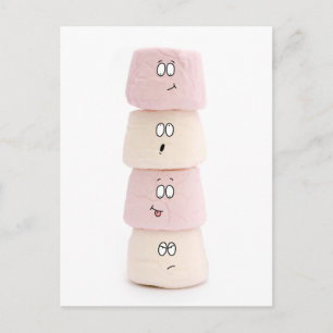 pink and white marshmallow characters postcard