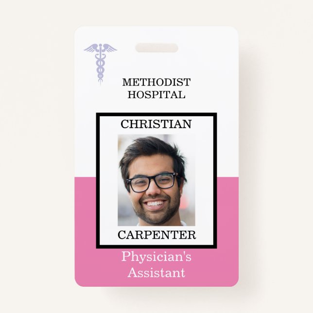 Pink and White Medical Facility Photo Name Badge (Front)