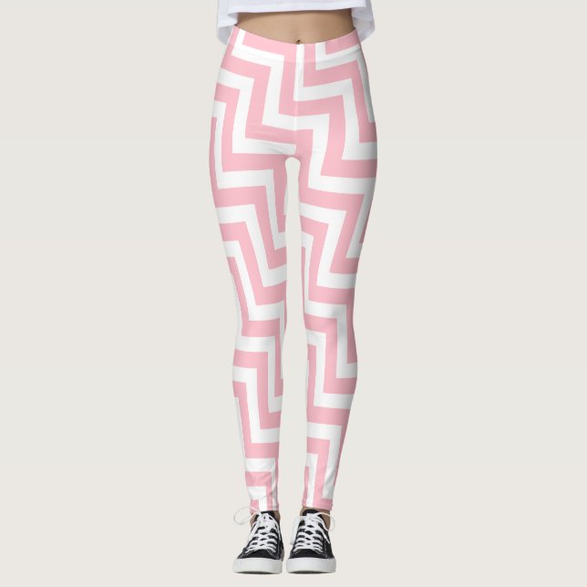 Pink and White Medium Size Diagonal Chevron Leggings (Front)