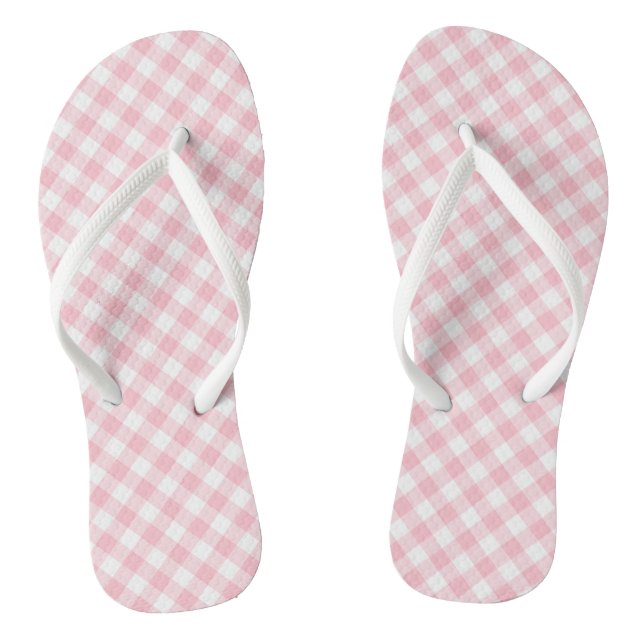 Pink and White Medium Size Diagonal Gingham Checks Flip Flops (Footbed)