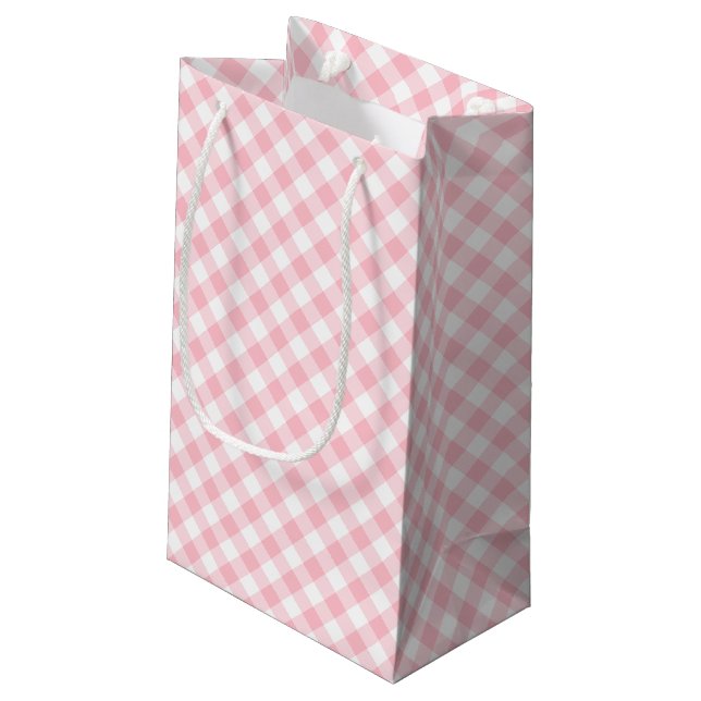 Pink and White Medium Size Diagonal Gingham Checks Small Gift Bag (Back Angled)