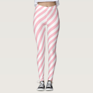 Pink and White Medium Size Diagonal Stripes Leggings
