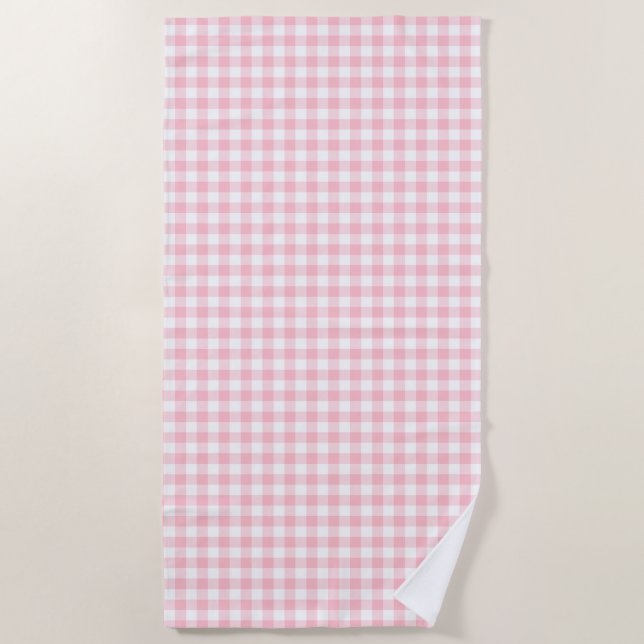Pink and White Medium Size Gingham Checks Beach Towel (Front)