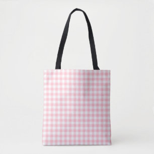 Pink and White Medium Size Gingham Checks Pattern Tote Bag