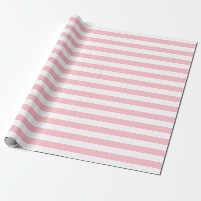Pink and White Medium Size Horizontal Stripes Wrapping Paper (Unrolled)